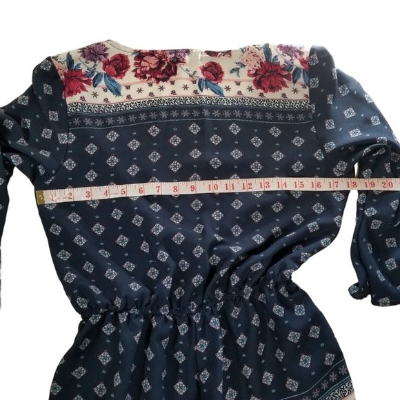 Living Doll Romper Women's M Blue & White Printed Floral Pockets Bell Sleeve Bow - Picture 9 of 12